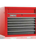 Heavy Duty Steel Top Chest With Six Roomy Drawers For Hassle Free Gear Organization Thirty Four Inches Wide in vibrant red.
