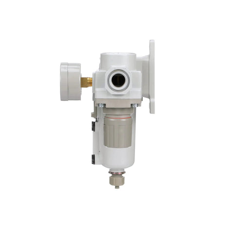 Side view of Compressed Air Filter Regulator Combo With Gauge And Metal Bowl One Half Inch NPT Manual Drain Bracket Sight Glass