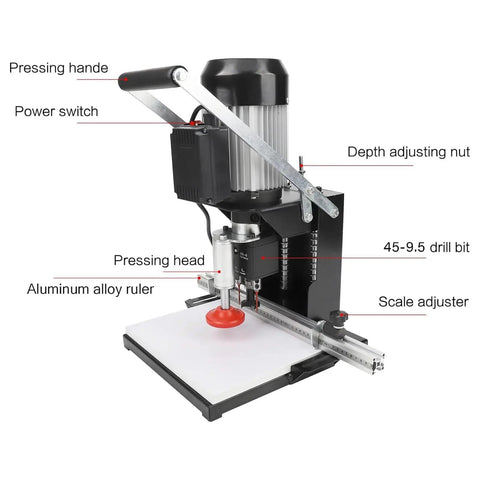 No Fuss Cordless Hinge Drilling Machine For Serious Woodworking And Cabinet Jobs With Quick Depth Tweaks and Single Button Operation, showing power switch and scale adjuster.