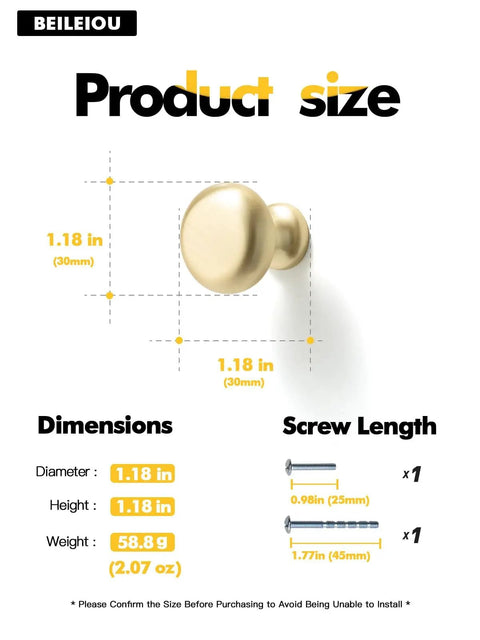 Diagram showing dimensions of 2 Pack Brushed Gold Cabinet Knobs Set Vintage Retro Drawer Pulls with size and screw length details.