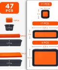 47 Piece Tool Drawer Organizer Set in Orange showing 21 small, 17 medium, and 9 large trays with dimensions.