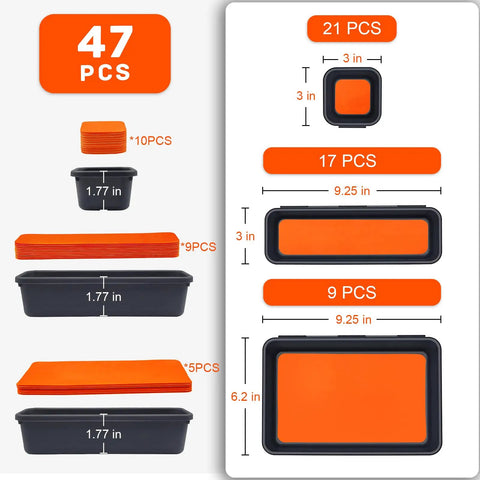 47 Piece Tool Drawer Organizer Set in Orange showing 21 small, 17 medium, and 9 large trays with dimensions.