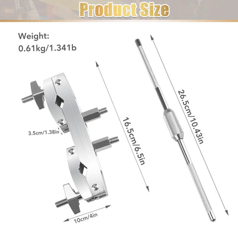 Heavy Duty Drum Clamp Mount With Extension Bar And Quick Release Multi Clamp For Secure Cymbal And Accessory Hooks Rust Resistant Zinc Alloy Build Dual Mount Brackets For Stable Gig Ready Setup, 26.5cm bar