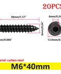20 Pieces Self Tapping Screws Set Flat Head Hex Socket Cap Screws M6x40mm For Furniture Making And Woodworking Projects Durable Carbon Steel Hardware Built To Last With High Hardness And Strong Load Bearing For Heavy Duty Applications showing side view dimensions and hexagonal head details.