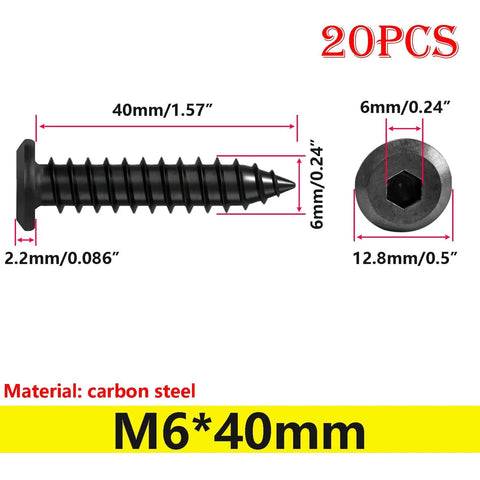 20 Pieces Self Tapping Screws Set Flat Head Hex Socket Cap Screws M6x40mm For Furniture Making And Woodworking Projects Durable Carbon Steel Hardware Built To Last With High Hardness And Strong Load Bearing For Heavy Duty Applications showing side view dimensions and hexagonal head details.