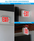 Red LED Exit Sign With Battery Backup For Wet Spots, UL Listed Outdoor Hardwired Emergency Lighting shown in wall, side, ceiling mounts