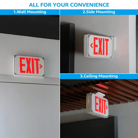 Red LED Exit Sign With Battery Backup For Wet Spots, UL Listed Outdoor Hardwired Emergency Lighting shown in wall, side, ceiling mounts