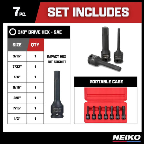 Image of 3/8 Inch Drive Allen Socket Set With 3 Inch Length, Impact-Grade Hex Bits, SAE Range 3/16 To 1/2 Inch, CrMo Steel, with case.