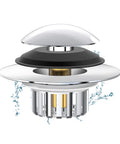 Universal Pop Up Bathtub Drain Stopper And Hair Catcher Features Smart Filter Basket That Snags All The Gunk Instantly, shiny chrome with black top.