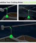 Trolling motor stabilizer mount; marine-grade aluminum, adjustable rod, locking mechanism, installed on boat.