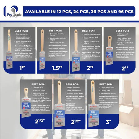 12 Pack 2 Inch Angle Paint Brushes For Trim And Walls With Synthetic Filament Durable Wood Handle, various sizes displayed