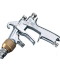 Smooth Shooting Pneumatic Paint Spray Gun With Rugged Stainless Steel Frame And Quick Toggle Controls, close-up view.