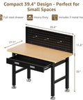 Diagram of Heavy Duty 39.4 Inch Steel Workbench With Drawer And Pegboard 2000 Lb Capacity showing dimensions and features
