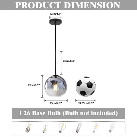 Bold Mercury Glass Pendant Light With Silver Gradient Globe shown with dimensions next to a soccer ball for scale