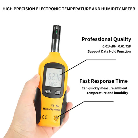 2 In 1 Temperature Humidity Meter Portable Digital Hygrometer Thermometer With Wet Bulb Dew Point Double Display held in hand