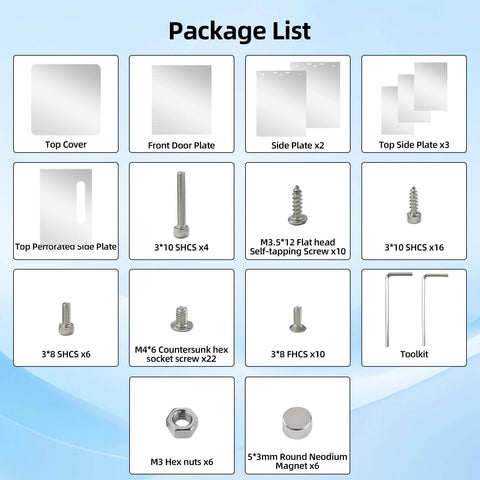 Package components of Upgraded Enclosure Kit For Falshforge AD5X 3D Printer DIY with panels, screws, toolkit.