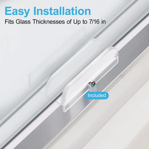 Transparent Sliding Shower Door Bottom Track For 7/16 Inch Glass No Sweat Setup with installation details and fitting guide.