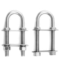 Two stainless steel U-bolt eye tie-downs with mounting plates and nuts (3/8 in dia, 2-1/2 in thread length) for boats