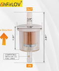 See-Through 40 Micron Fuel Filter For Lawn Mowers, 1/4 Inch Hose, Pump-Ready Fit, Diagram Showing Dimensions and Flow Direction