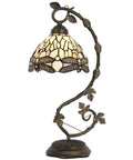 Amber Tiffany Style Dragonfly Table Lamp With Stained Glass Shade And Metal Leaf Base, bronze finish, side view