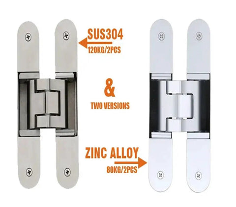 Concealed Secret Door Hinge For Thick Doors Stealthy Hidden Pivot Hardware With One Color Finish showing SUS304 and zinc alloy versions