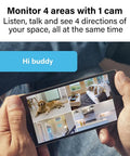 Person holding phone showing split-screen from Full Coverage 360 Indoor Security Camera With Two Way Audio, 1080p HD Live Video.