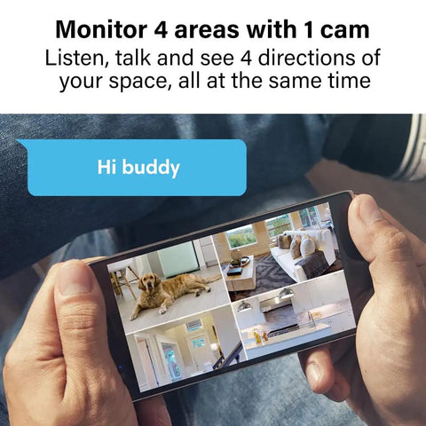 Person holding phone showing split-screen from Full Coverage 360 Indoor Security Camera With Two Way Audio, 1080p HD Live Video.