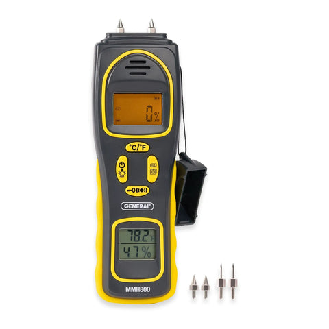Pin And Pinless Moisture Meter With Temperature And Humidity Water Leak Detection Tool For Homes Mold Prevention And Drywall Repair Fast Accurate Moisture Readings For DIYers And Renovations with digital display and probes.