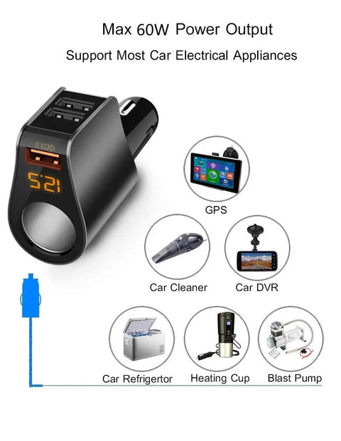 Straight Fire 3 Usb Car Charger Adapter Fast Charging Cigarette Lighter Plug In with LED display and dual USB ports.