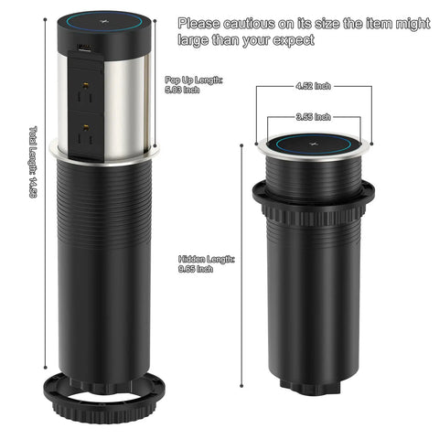 Image showed Pop Up Countertop Power Outlet With 5W Wireless Charger Four AC Outlets And Two USB Ports 4 Inch Pop Out ETL Listed