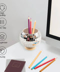 Disco Pen Holder Sequin Desk Organizer with pencils next to a computer and notepad for a modern home office look.