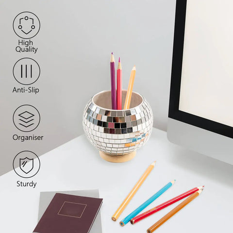 Disco Pen Holder Sequin Desk Organizer with pencils next to a computer and notepad for a modern home office look.