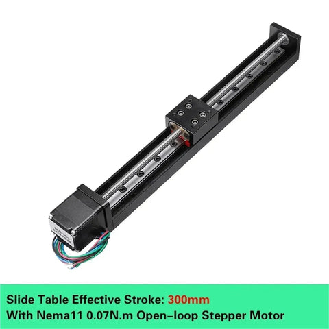 Rock Solid Motorized Slide Table With T Type Linear Guide Rail Stage And Mini Sliding Platform For Dead Nuts Accurate Z Axis Motion Control In Custom Automation Projects, featuring 300mm stroke and Nema11 stepper motor.