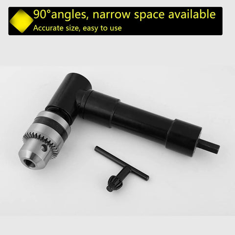 Aluminum Head Right Angle Drill Attachment With 8 mm Hex Shank for Electric Drills, shown with gear mechanism and attachment key.