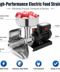 Heavy Duty Electric Tomato Sauce Maker And Fruit Strainer with stainless steel funnel holding apples, powerful 450W motor for easy processing.