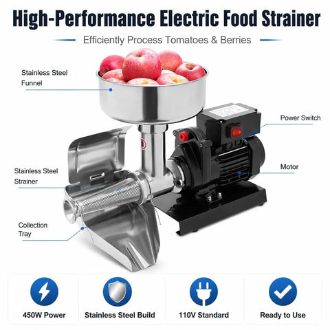 Heavy Duty Electric Tomato Sauce Maker And Fruit Strainer with stainless steel funnel holding apples, powerful 450W motor for easy processing.