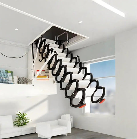 Hella Durable Telescopic Hinged Ladder Kit With Foldable Aluminum Frame 3M Height in black, installed above a living room hatch.
