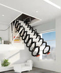 The Heavy Duty Electric Attic Ladder With Hinged Telescoping Folding Steps Top Shelf Roof Access Hatch Kit Black Aluminum Rail No Sweat Quick Install Today installed in a modern room, showing the folding steps and hatch.