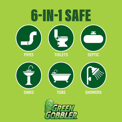 6-in-1 safe use icons for Drain Clog Remover Powder For Kitchen And Bath, Breaks Up Grease Paper Fat And Oil, Septic Safe