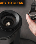 Straight Up Smooth Electric Conical Burr Coffee Grinder Sporting 30 Precision Adjustments, easy to clean interior with brush.