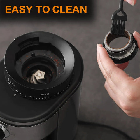 Straight Up Smooth Electric Conical Burr Coffee Grinder Sporting 30 Precision Adjustments, easy to clean interior with brush.
