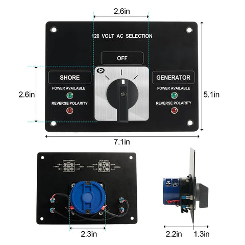 AC Rotary Selector Switch Panel 120V 30A Two Position With Reverse Polarity LED Indicator Light for marine power control on vessels