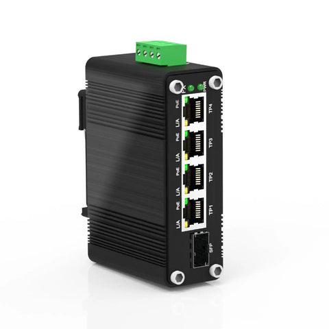4-Port Gigabit PoE Plus Switch With SFP, 120W Total PoE Budget, black rugged design, DIN rail or wall mount, side view