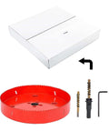 Red 5.5-inch bi-metal hole saw kit with arbors, two drill bits and hex key beside a white box