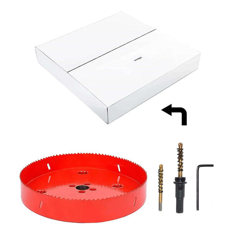 Red 5.5-inch bi-metal hole saw kit with arbors, two drill bits and hex key beside a white box
