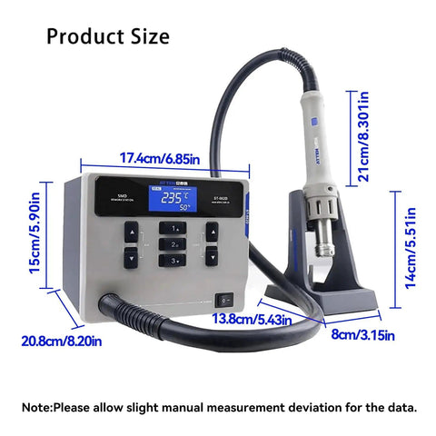 Pro Grade Lead Free Hot Air Gun Soldering Station With Digital Display 1000W Rework Kit dimensions and control panel view