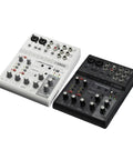 White 6 Channel Live Streaming Mixer With USB Audio Interface Loopback DSP Effects alongside black mixer