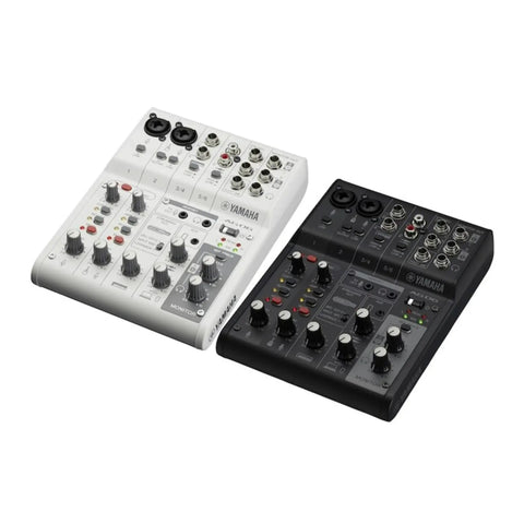 White 6 Channel Live Streaming Mixer With USB Audio Interface Loopback DSP Effects alongside black mixer