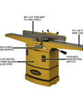 Pro Six Inch Jointer With Helical Cutterhead And One Horsepower Motor features a 38" x 43" tilting fence and 7" x 66" cast iron table.