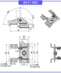 XG11-005 stainless steel dual-axis torque hinge; 360-degree rotation, front and side views with four mounting holes